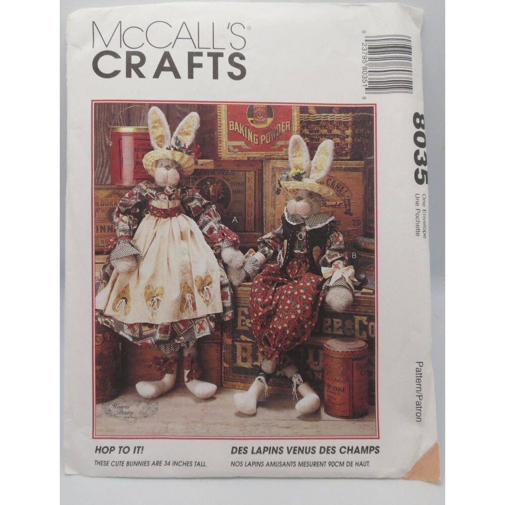 McCall's Crafts 8035 Bunny Dolls Stuffed Animal 34" Tall 1990s Craft Pattern